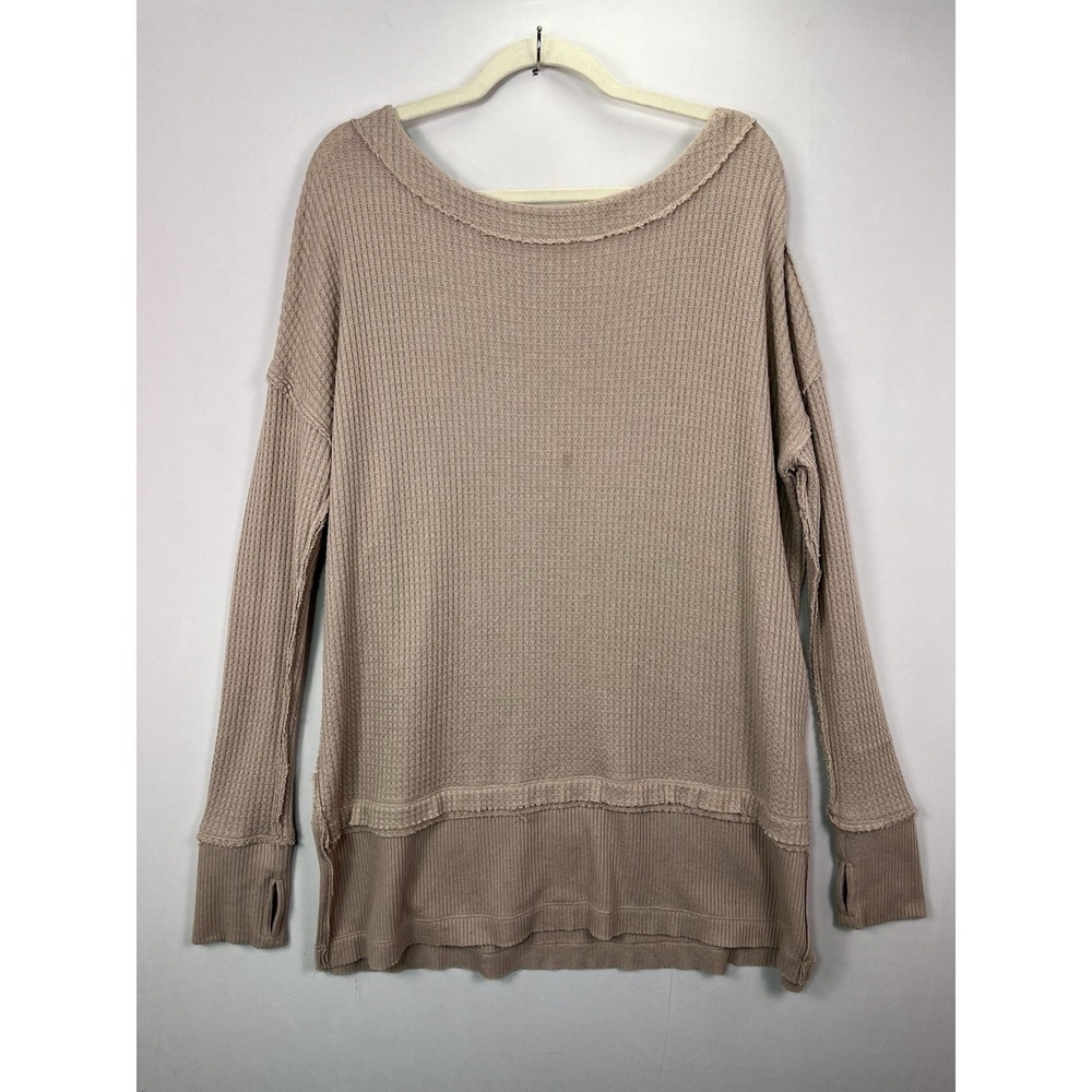 Free People Beige Waffle Knit Long Sleeve Top